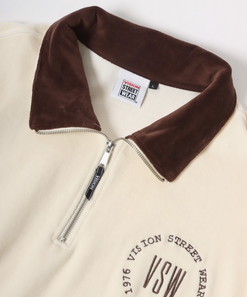 VISION STREET WEAR（ヴィジョンストリートウェア）の「VISION STREET WEAR/ヴィジョンストリートウェア オーバーサイズ ベロア ロゴ ワンポイント刺繍 ハーフジップ スウェット/トレーナー レディース メンズ（スウェット・メンズ・ブルー/アイボリー/ブラック・M/L/LL）」の7枚目の写真