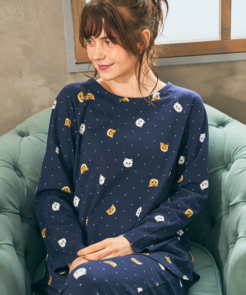 PAUL&JOE(ポールアンドジョー)の「【PAUL&JOE】ヌネット&ジプシードットプリント ラグランスリーブTシャツ(ルームウェア/パジャマ・レディース・ピンク/ネイビー・M/L)」の1枚目の写真