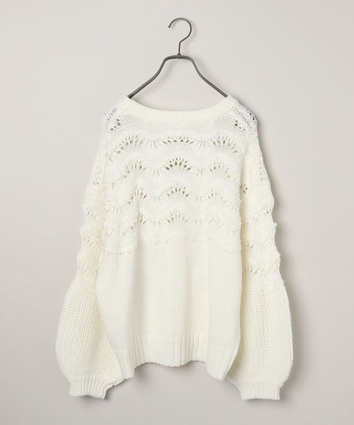JEANASIS(ジーナシス)の「オープンワークキリカエプルオーバー/986529(ニット/セーター・レディース・オフホワイト/ライトブルー/ブラック・FREE)」の4枚目の写真