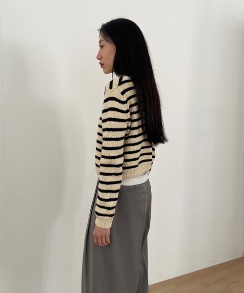 Didot.showroom(ディドット ショールーム)の「コットンニットノーカラーボーダーカーディガン(カーディガン/ボレロ・レディース・ブラック/レッド・FREE)」の3枚目の写真