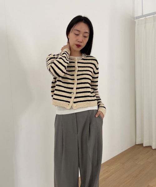 Didot.showroom(ディドット ショールーム)の「コットンニットノーカラーボーダーカーディガン(カーディガン/ボレロ・レディース・ブラック/レッド・FREE)」の11枚目の写真