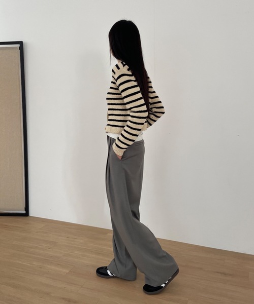 Didot.showroom(ディドット ショールーム)の「コットンニットノーカラーボーダーカーディガン(カーディガン/ボレロ・レディース・ブラック/レッド・FREE)」の7枚目の写真