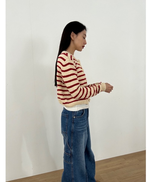 Didot.showroom(ディドット ショールーム)の「コットンニットノーカラーボーダーカーディガン(カーディガン/ボレロ・レディース・ブラック/レッド・FREE)」の10枚目の写真