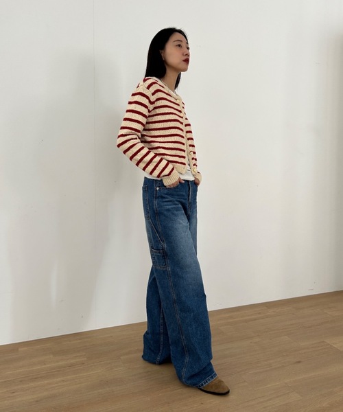 Didot.showroom(ディドット ショールーム)の「コットンニットノーカラーボーダーカーディガン(カーディガン/ボレロ・レディース・ブラック/レッド・FREE)」の8枚目の写真