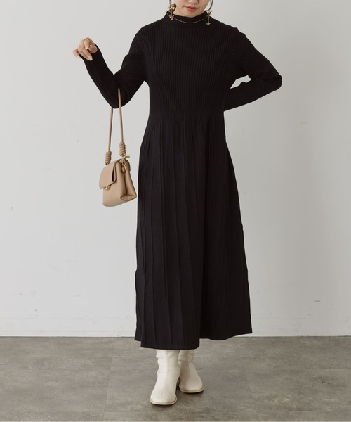 セール】ハイネックリブ切替ニットフレアワンピース（ワンピース