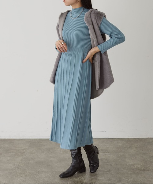 セール】ハイネックリブ切替ニットフレアワンピース（ワンピース