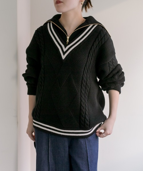 TAUPE(トープ)の「【TAUPE (トープ)】ハーフジップ・ティルデンニット(ニット/セーター・レディース・ブラック/ピンク系その他・FREE)」の2枚目の写真