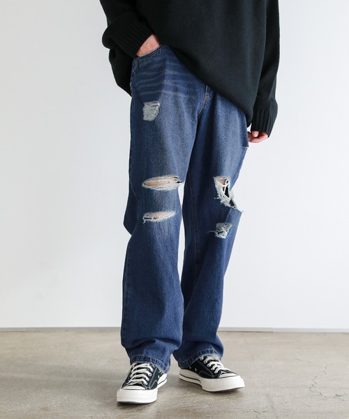 Buyer’ｓselect/ダメージ加工/サイドカッティングワイドシルエットストレートデニム（デニムパンツ）｜ASTRONOMY（アストロノミー）