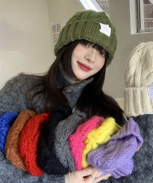 Miniministore（ミニミニストア）の「ケーブル編み ニット帽子 レディース秋冬（ニットキャップ/ビーニー・レディース・ワインレッド/イエロー/ブルー/ピンク/ブラック/モスグリーン/ラベンダー/ライトベージュ/グリーン/オレンジ/ダークグレー/ブラウン・フリー）」の13枚目の写真