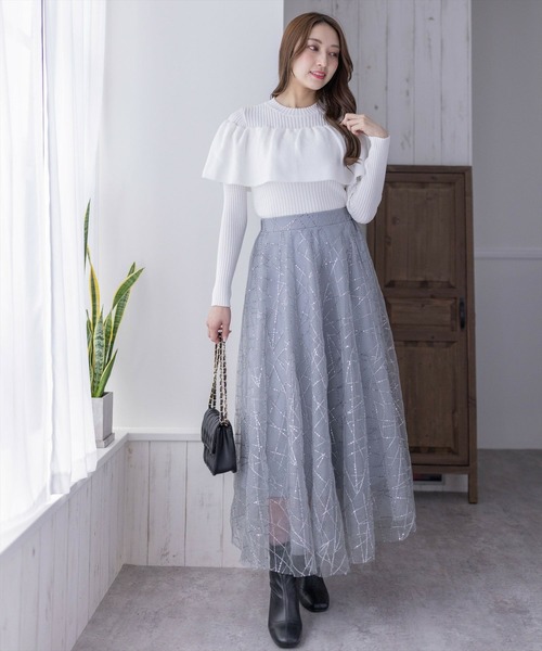 clear（クリア）の「スパンコールチュールロングスカート[フレアスカート 骨格ウェーブ キラキラ]（スカート・レディース・シルバー/ブラック・F）」の14枚目の写真
