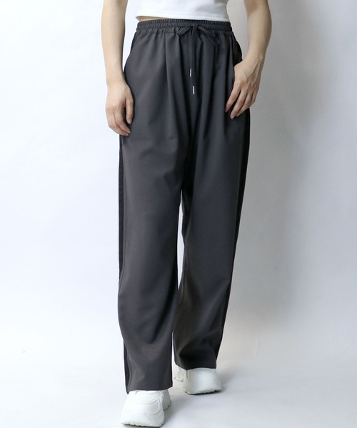 セール】linen like side line loose slacks/リネンライク