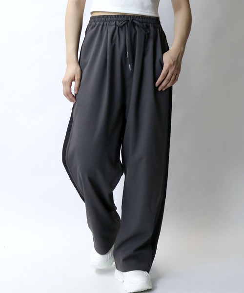 セール】linen like side line loose slacks/リネンライク