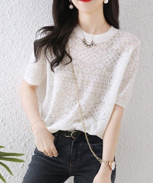 Miniministore（ミニミニストア）の「ジャカードレーストップス シアーブラウス（Tシャツ/カットソー・レディース・ベージュ/ホワイト/ブラック・FREE）」の13枚目の写真