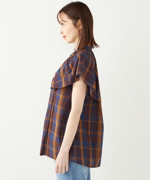SHIPS Colors（シップス カラーズ）の「SHIPS Colors:〈手洗い可能〉マドラスチェック ラッフルスリーブ シャツ（シャツ/ブラウス・レディース・ネイビー/オレンジ・ONE SIZE）」の18枚目の写真