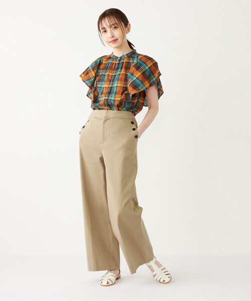 SHIPS Colors（シップス カラーズ）の「SHIPS Colors:〈手洗い可能〉マドラスチェック ラッフルスリーブ シャツ（シャツ/ブラウス・レディース・ネイビー/オレンジ・ONE SIZE）」の21枚目の写真