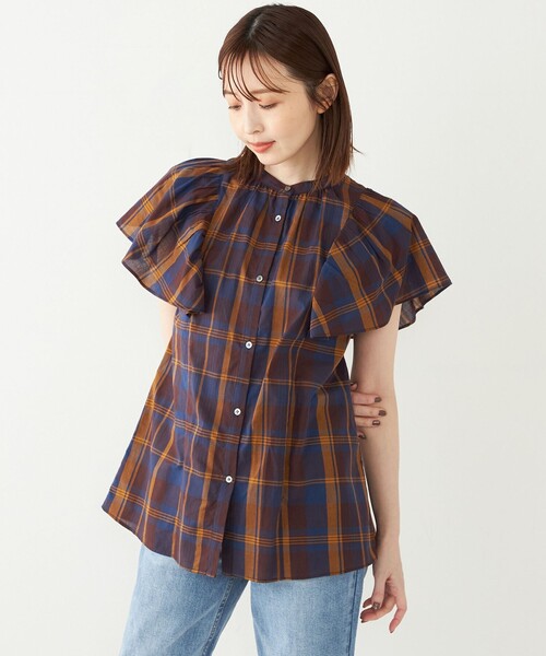 SHIPS Colors（シップス カラーズ）の「SHIPS Colors:〈手洗い可能〉マドラスチェック ラッフルスリーブ シャツ（シャツ/ブラウス・レディース・ネイビー/オレンジ・ONE SIZE）」の8枚目の写真