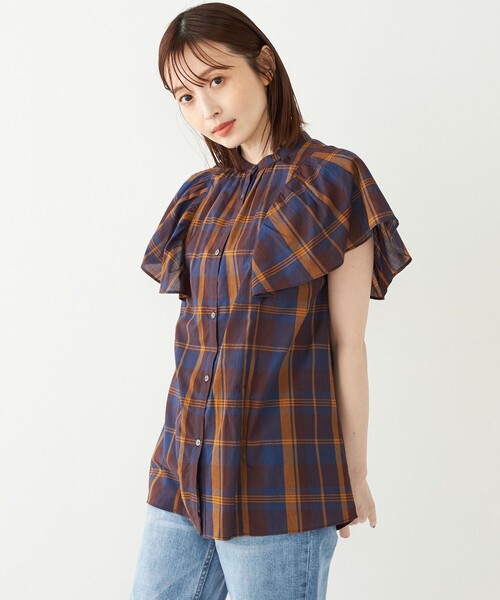 SHIPS Colors（シップス カラーズ）の「SHIPS Colors:〈手洗い可能〉マドラスチェック ラッフルスリーブ シャツ（シャツ/ブラウス・レディース・ネイビー/オレンジ・ONE SIZE）」の9枚目の写真
