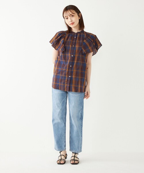 SHIPS Colors（シップス カラーズ）の「SHIPS Colors:〈手洗い可能〉マドラスチェック ラッフルスリーブ シャツ（シャツ/ブラウス・レディース・ネイビー/オレンジ・ONE SIZE）」の11枚目の写真