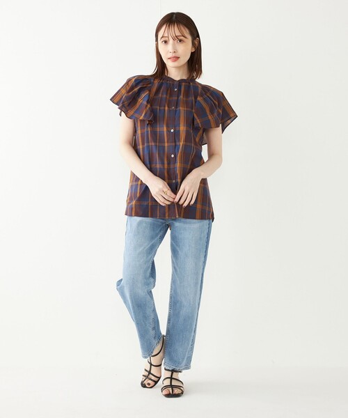 SHIPS Colors（シップス カラーズ）の「SHIPS Colors:〈手洗い可能〉マドラスチェック ラッフルスリーブ シャツ（シャツ/ブラウス・レディース・ネイビー/オレンジ・ONE SIZE）」の12枚目の写真