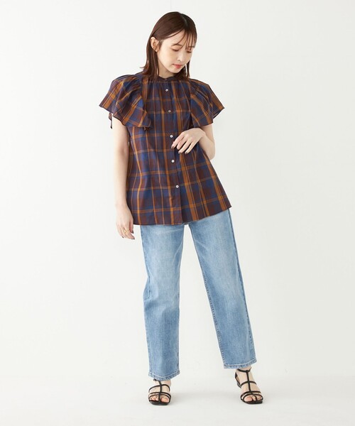 SHIPS Colors（シップス カラーズ）の「SHIPS Colors:〈手洗い可能〉マドラスチェック ラッフルスリーブ シャツ（シャツ/ブラウス・レディース・ネイビー/オレンジ・ONE SIZE）」の13枚目の写真