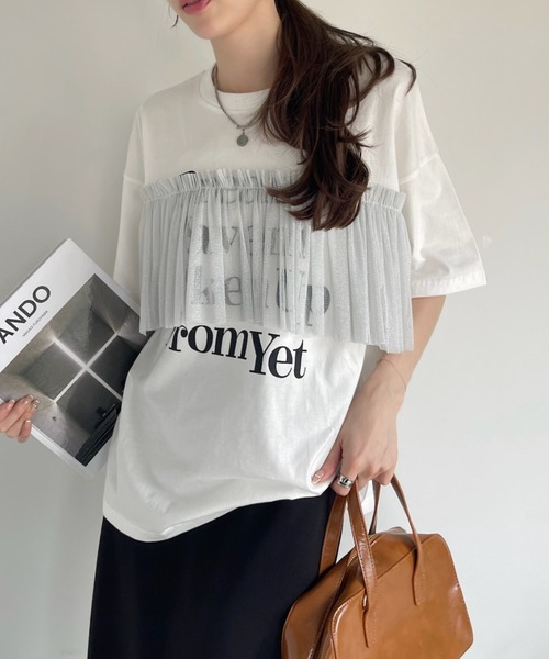 Ada.(エイダ)の「プリント チュール ドッキング Tシャツ(Tシャツ/カットソー・レディース・ブラック/ホワイト・FREE)」の4枚目の写真