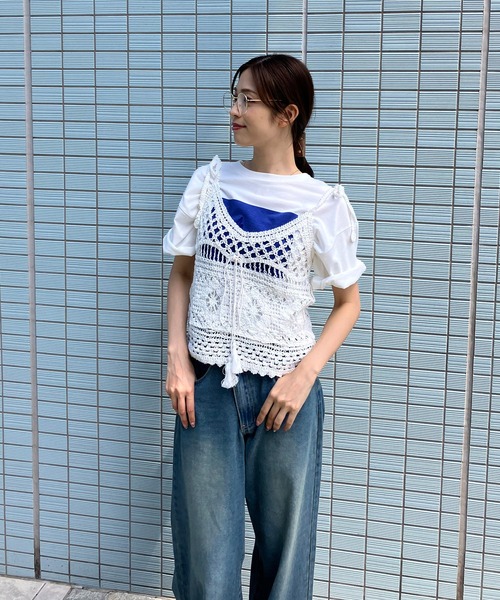 AS KNOW AS plus（アズノゥアズプラス）の「◎かぎ針編みリボンクロシェビスチェ【ZOZOTOWN限定アイテム】（キャミソール・レディース・ベージュ/オフホワイト・FREE）」の3枚目の写真