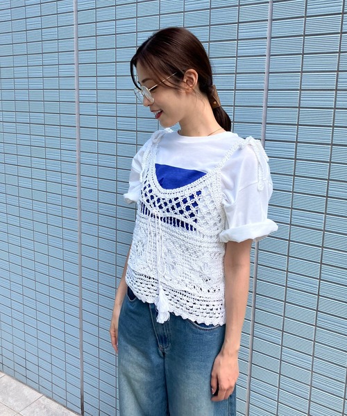 AS KNOW AS plus（アズノゥアズプラス）の「◎かぎ針編みリボンクロシェビスチェ【ZOZOTOWN限定アイテム】（キャミソール・レディース・ベージュ/オフホワイト・FREE）」の8枚目の写真