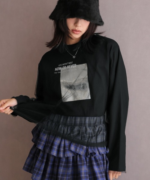 LAFFMO(ラフモ)の「チュール重ね箔ロゴロンT(Tシャツ/カットソー・レディース・ブラック/オフホワイト・F)」の2枚目の写真