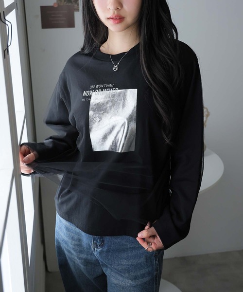 LAFFMO(ラフモ)の「チュール重ね箔ロゴロンT(Tシャツ/カットソー・レディース・ブラック/オフホワイト・F)」の9枚目の写真