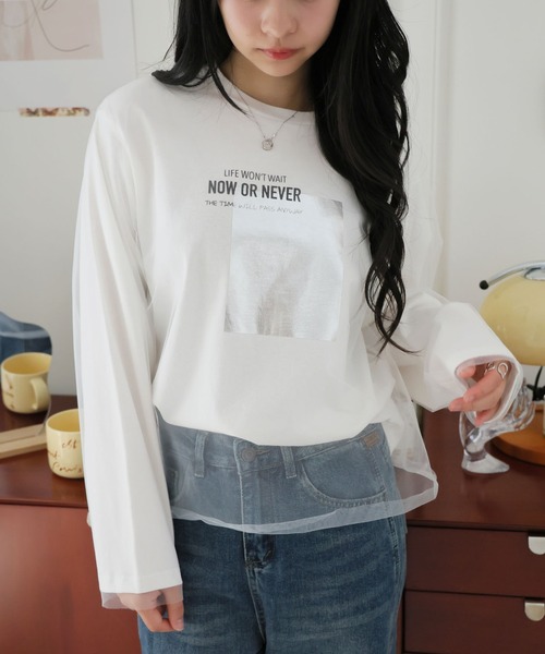 LAFFMO(ラフモ)の「チュール重ね箔ロゴロンT(Tシャツ/カットソー・レディース・ブラック/オフホワイト・F)」の6枚目の写真