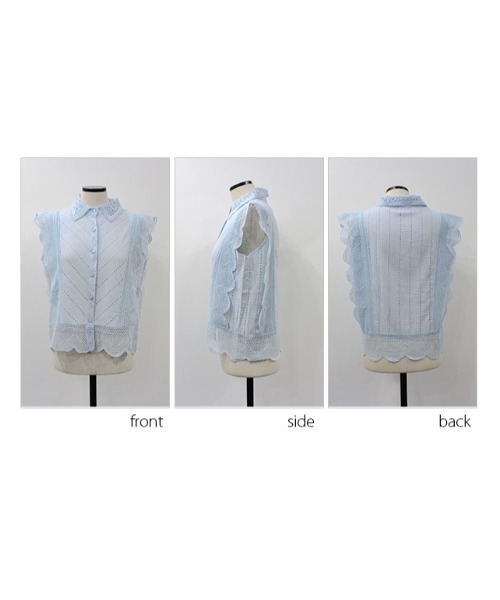 MODE ROBE（モードローブ）の「レースフリルノースリーブブラウス（Tシャツ/カットソー・レディース・ホワイト/ブラック/ブルー・FREE）」の4枚目の写真