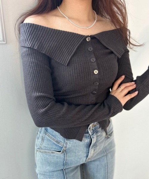 ipugo(イプゴ)の「ipugo/イプゴ リブボタン オフショルダー(Tシャツ/カットソー・レディース・アイボリー/チャコール・FREE)」の19枚目の写真