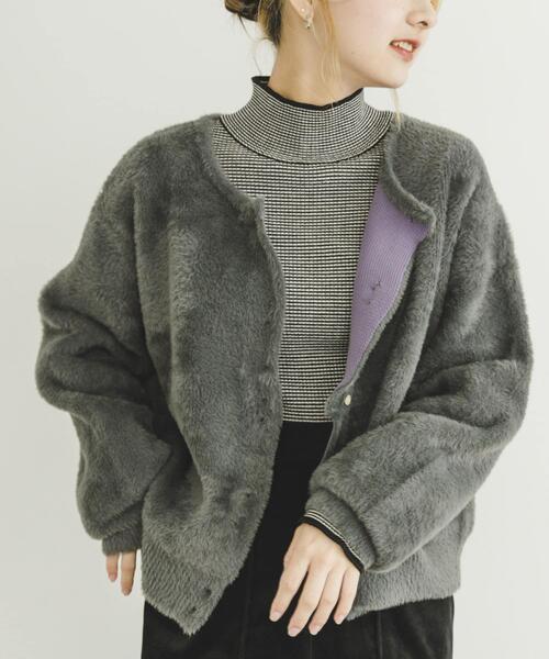 ITEMS URBANRESEARCH（アイテムズ アーバンリサーチ）の「ダブルフェイスニットカーデ（カーディガン/ボレロ・レディース・イエロー系その他/チャコールグレー/オフホワイト・FREE）」の8枚目の写真