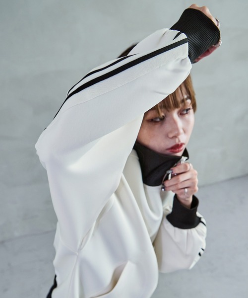 サイドラインハイネックトラックジャケット 長袖 ネイビー ブラック