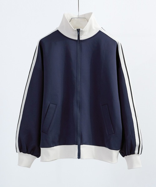 サイドラインハイネックトラックジャケット 長袖 ネイビー ブラック