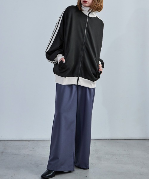 サイドラインハイネックトラックジャケット 長袖 ネイビー ブラック
