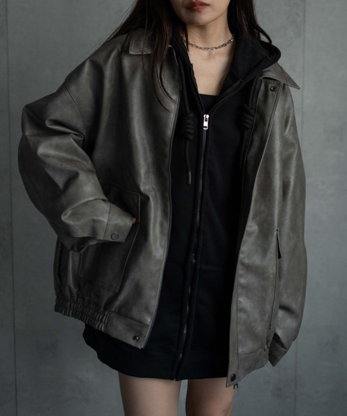 セール】＜ユニセックス＞フェイクレザー 比翼 ビックポケットブルゾン