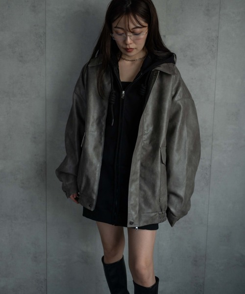 セール】＜ユニセックス＞フェイクレザー 比翼 ビックポケットブルゾン
