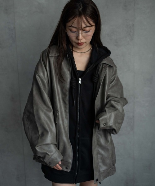 セール】＜ユニセックス＞フェイクレザー 比翼 ビックポケットブルゾン