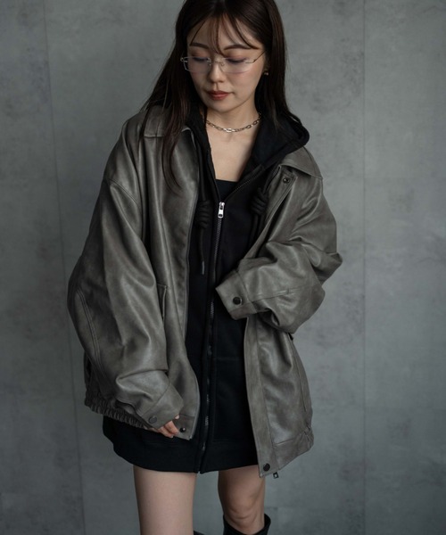 セール】＜ユニセックス＞フェイクレザー 比翼 ビックポケットブルゾン