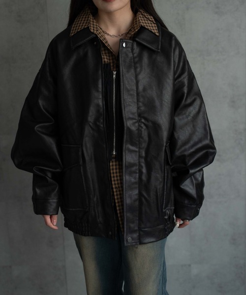 セール】＜ユニセックス＞フェイクレザー 比翼 ビックポケットブルゾン