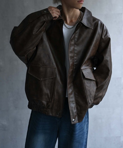 セール】＜ユニセックス＞フェイクレザー 比翼 ビックポケットブルゾン