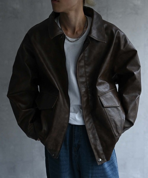 セール】＜ユニセックス＞フェイクレザー 比翼 ビックポケットブルゾン