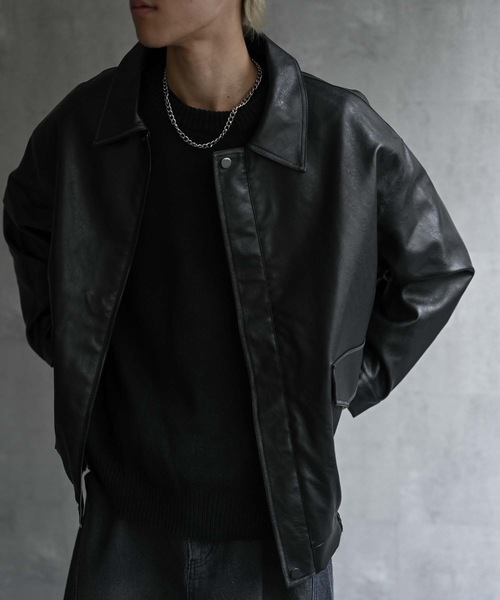 セール】＜ユニセックス＞フェイクレザー 比翼 ビックポケットブルゾン
