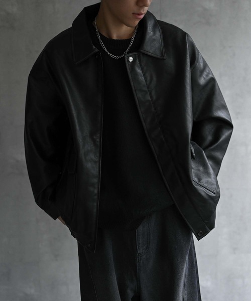 セール】＜ユニセックス＞フェイクレザー 比翼 ビックポケットブルゾン