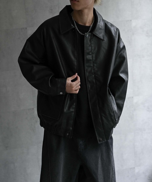 セール】＜ユニセックス＞フェイクレザー 比翼 ビックポケットブルゾン