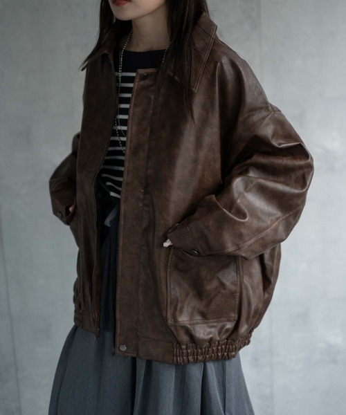 セール】＜ユニセックス＞フェイクレザー 比翼 ビックポケットブルゾン