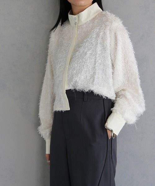 &g'aime（アンジェム）の「【&g'aime】フリンジジャガードクロップドシャツ　FRINGE JACQUARD CROPPED SHIRT（シャツ/ブラウス・レディース・アイボリー/ブラック・FREE）」の2枚目の写真