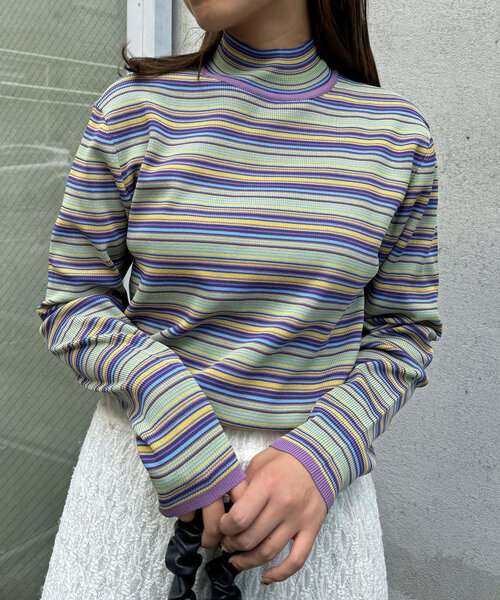 CIAOPANIC（チャオパニック）の「マルチボーダープチタートルニット（ニット/セーター・レディース・パープル/グリーン/レッド・ONE SIZE）」の14枚目の写真