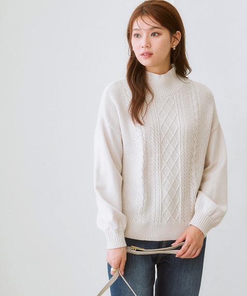 セール】フロントケーブル編みハイネックニット（毛玉になりにくい